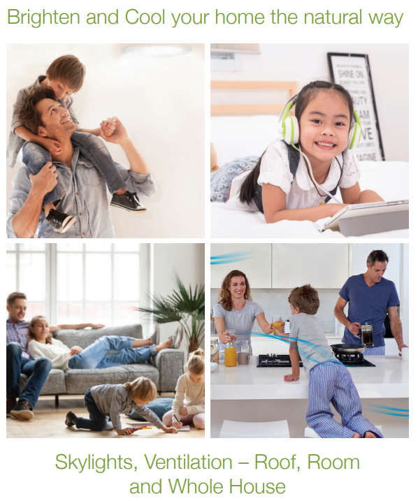 Four images showcasing a family at home: a father with child on shoulders, a girl with headphones, a family lounging, and parents with two children in the kitchen. Text: "Brighten and cool your home the natural way with exceptional service.