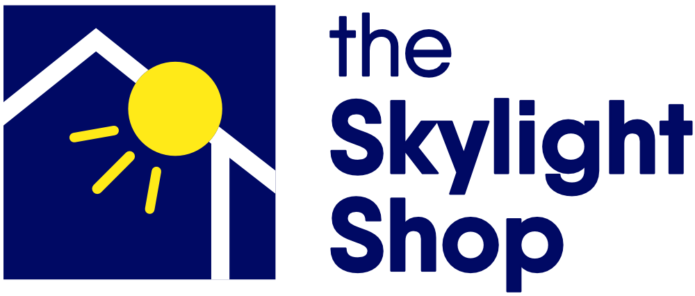 Logo of The Skylight Shop featuring a stylized house with a yellow sun in the top left corner and the company name to the right in dark blue text.
