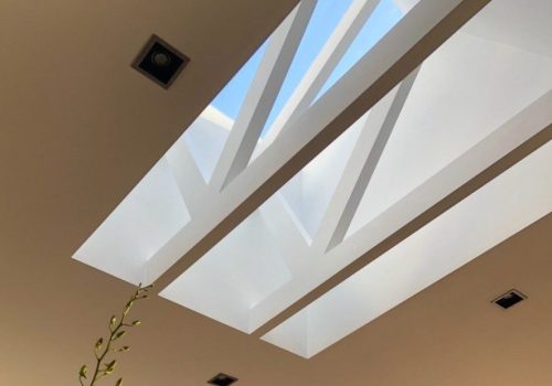 A view of a modern ceiling with two elongated skylights, reflecting the latest skylight design trends, allowing natural light to stream through. The white crossbeams create geometric patterns. A small leafy plant is partially visible below.