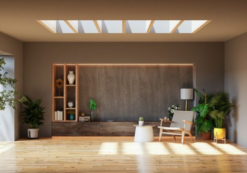 Living room with armchair and plant on concrete wall background,3d rendering