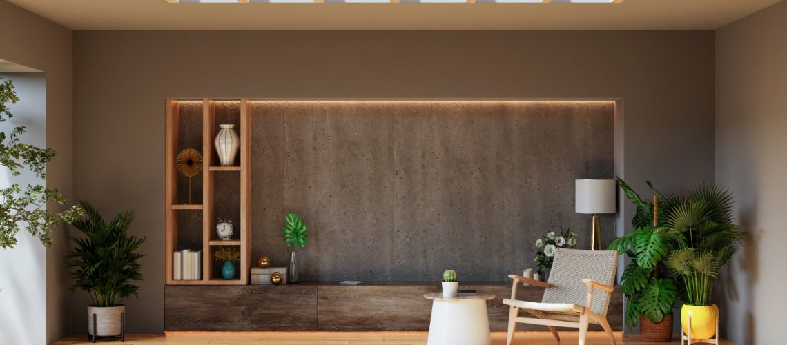 Living room with armchair and plant on concrete wall background,3d rendering